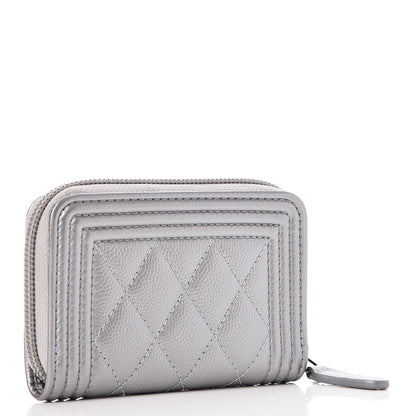 Chanel Metallic Caviar Quilted Boy Zip Around Coin Purse Wallet Silver 3 of 7