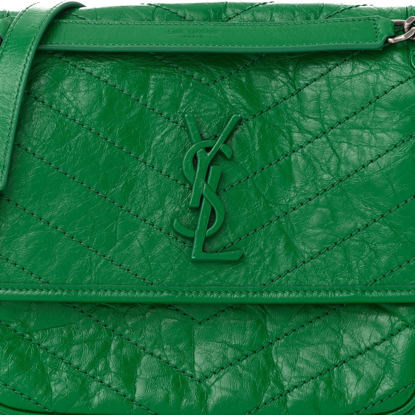 Crinkled Calfskin Matelasse Monogram Medium Niki Chain Satchel New Vert Praire