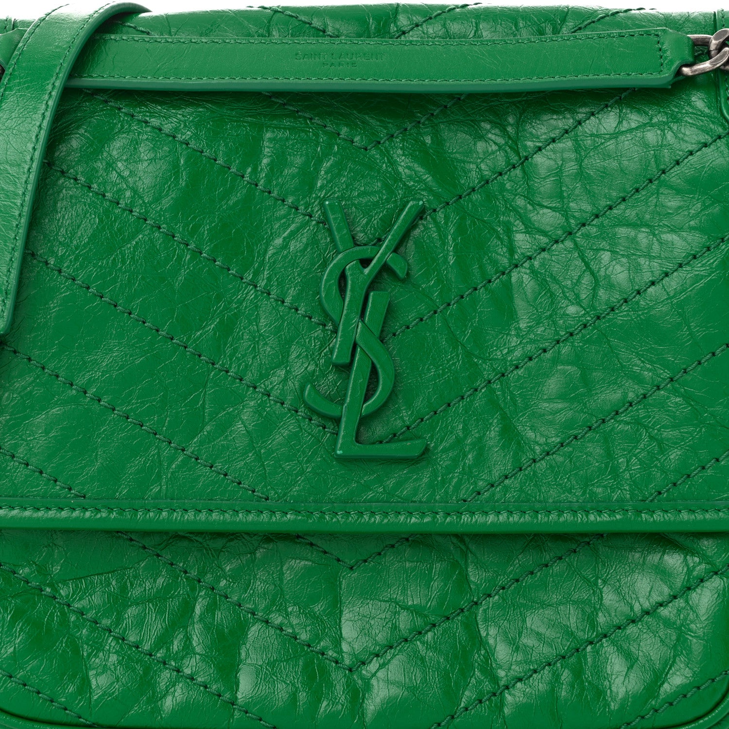 Saint Laurent Crinkled Calfskin Matelasse Monogram Medium Niki Chain Satchel New Vert Praire 8 of 10