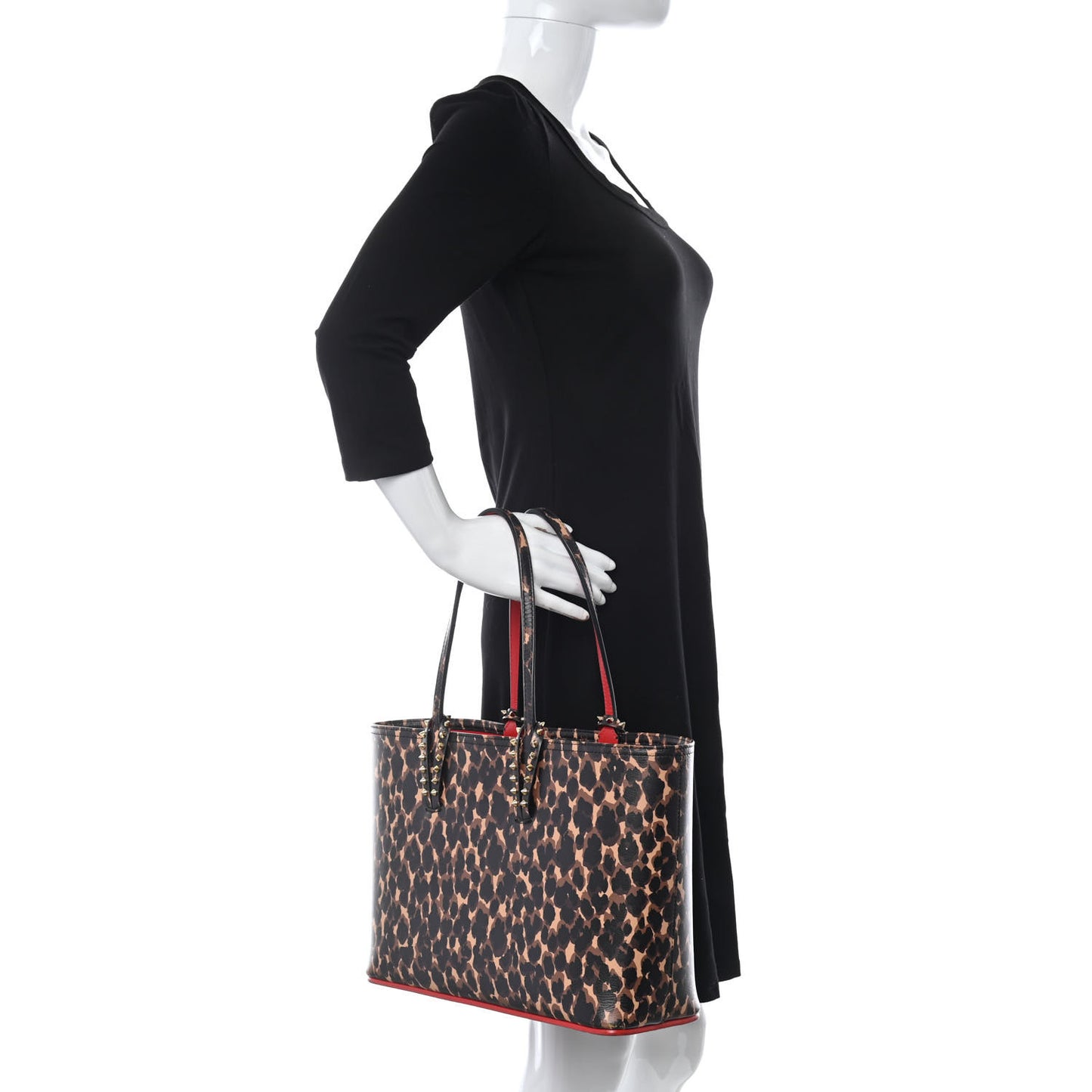 Calfskin Leopard Print Spikes Small East West Cabata Tote Brown