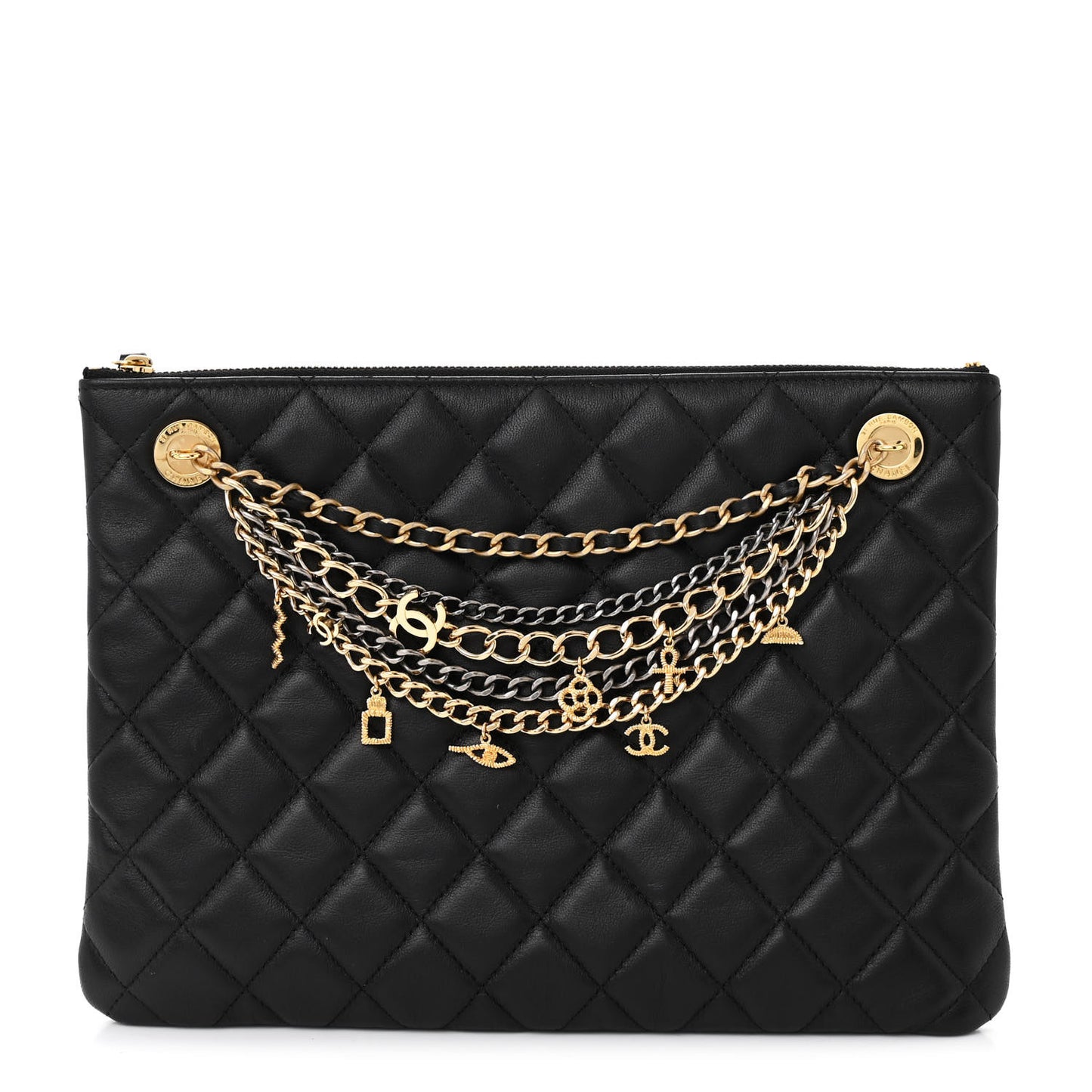 Lambskin Quilted Egyptian Amulet Zipped Pouch Black