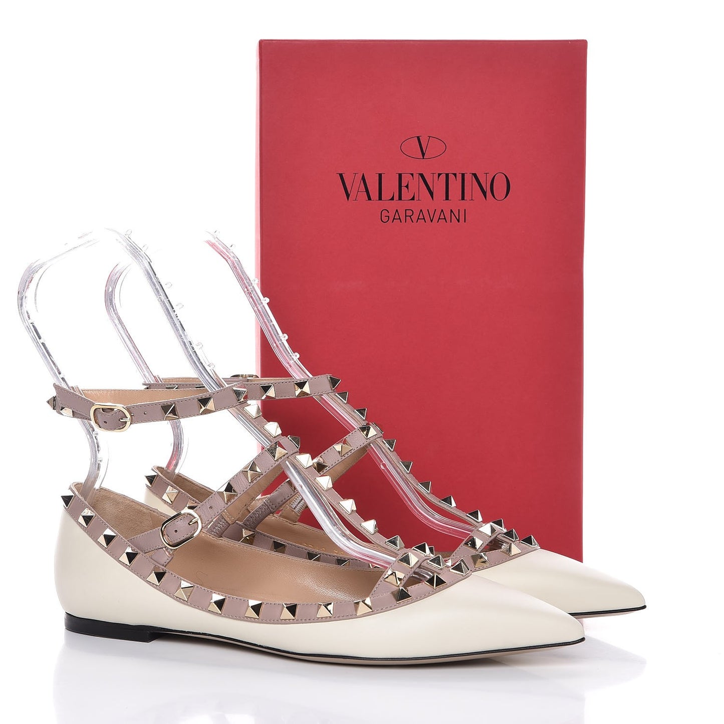 Calfskin Rockstud Cage Ballerina Flats 38 Light Ivory Poudre