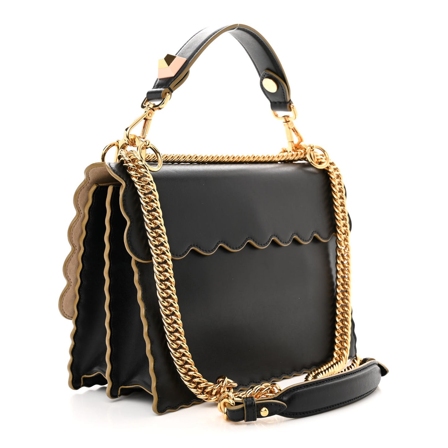 Vitello Liberty Scalloped Studded Kan I Shoulder Bag Black