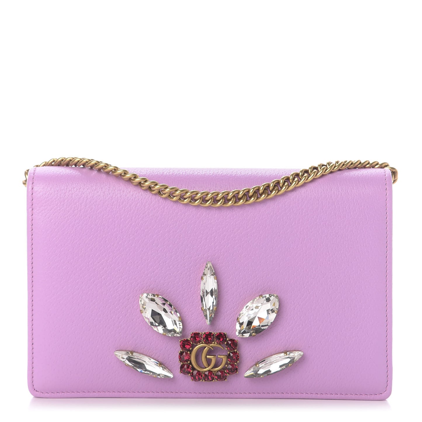 Calfskin Marquise Crystals Mini GG Chain Wallet Malva