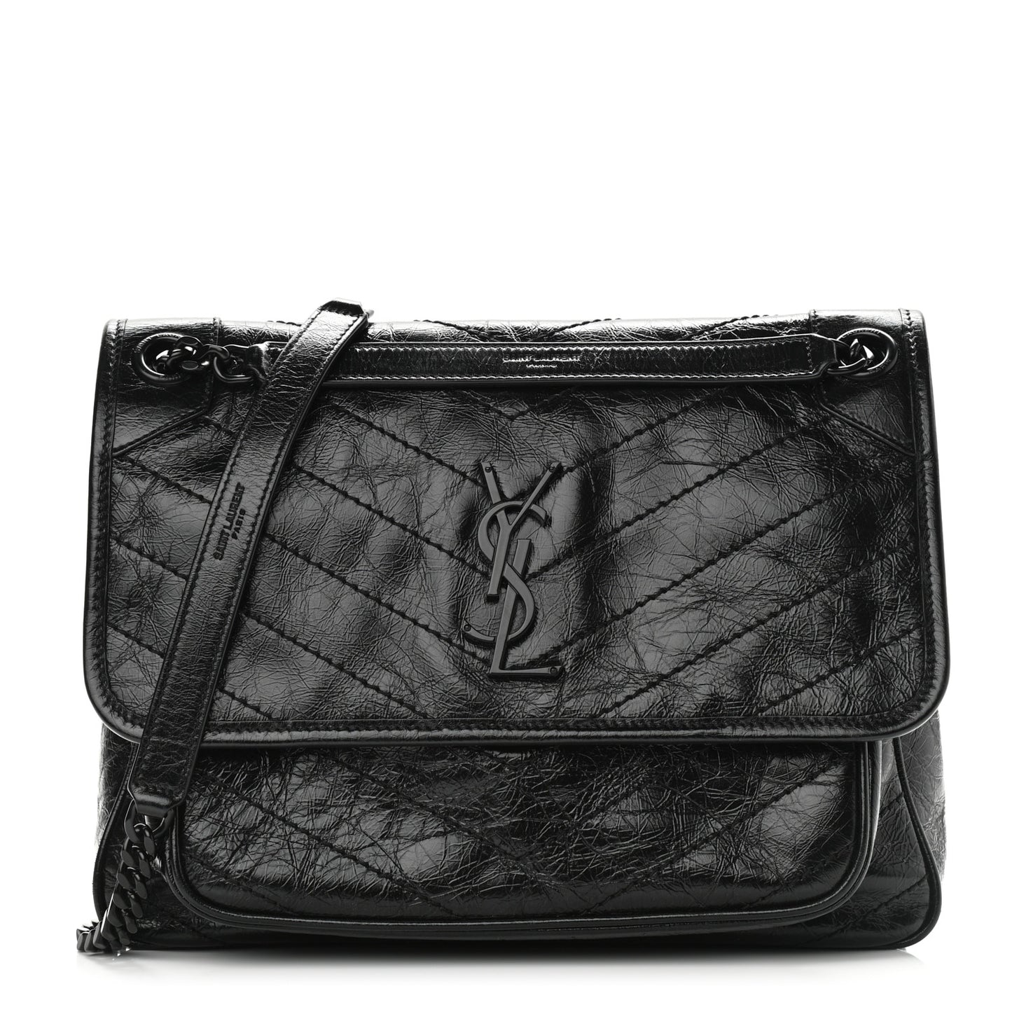 Crinkled Calfskin Matelasse Monogram Medium Niki Chain Satchel Black