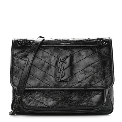 Saint Laurent Crinkled Calfskin Matelasse Monogram Medium Niki Chain Satchel Black 1 of 11