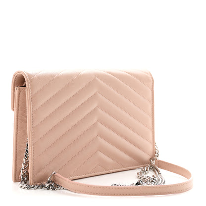 Saint Laurent Grain De Poudre Matelasse Chevron Monogram Envelope Chain Wallet Pale Pink 3 of 11