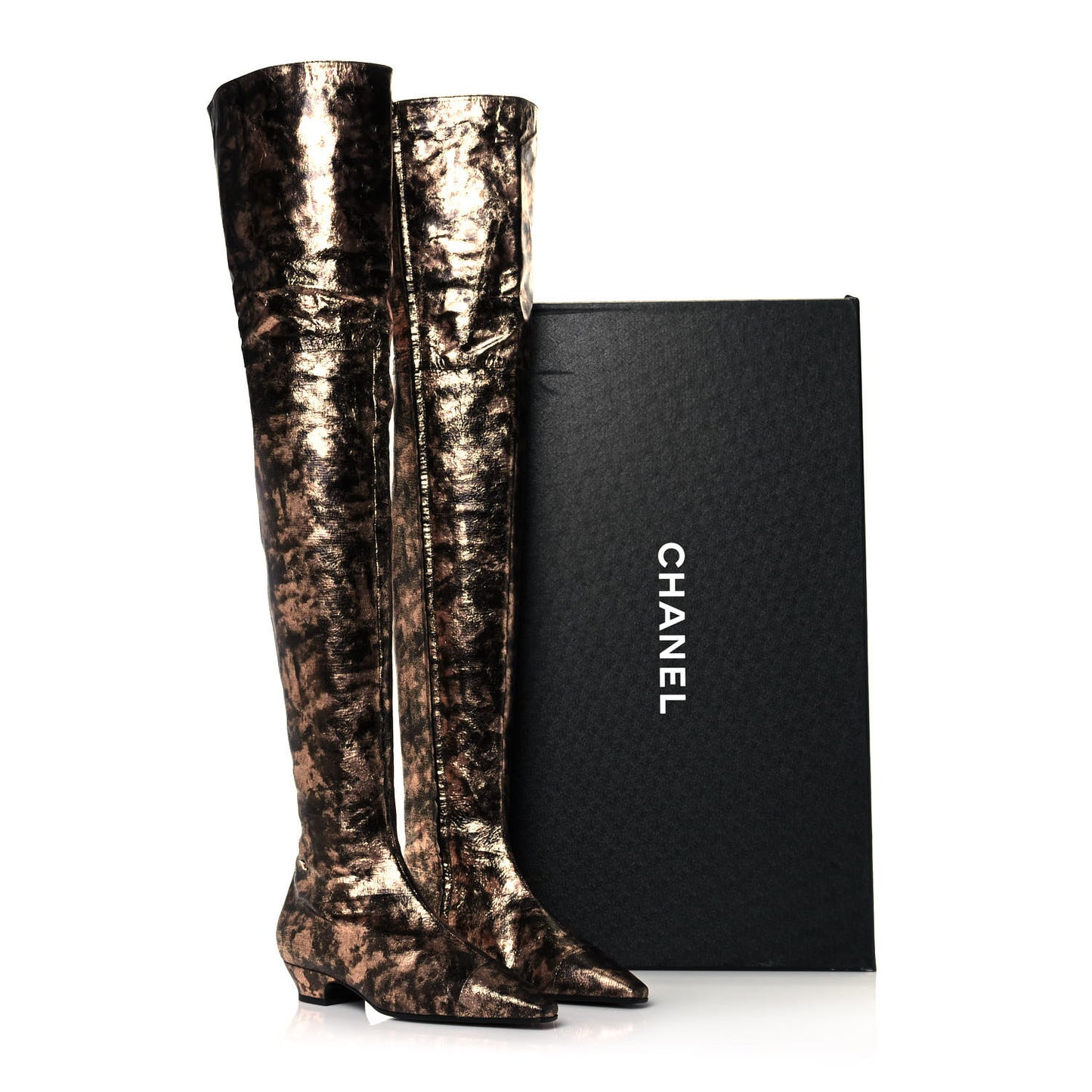 Metallic Lambskin Over the Knee Boots 38.5 Gold Black