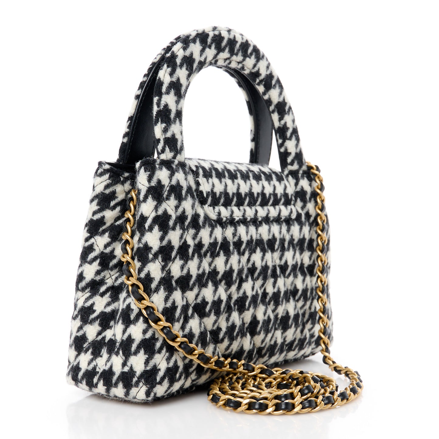 Tweed Houndstooth Quilted Nano Kelly Shopper Black White