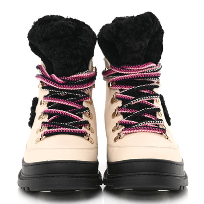 Chanel Calfskin Shearling CC Lace Up Boots 35 Black White 2 of 9