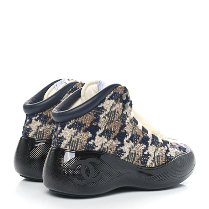 Chanel Wool Tweed Lambskin CC High Top Sneakers 38.5 Beige Brown Navy Blue Khaki 4 of 9