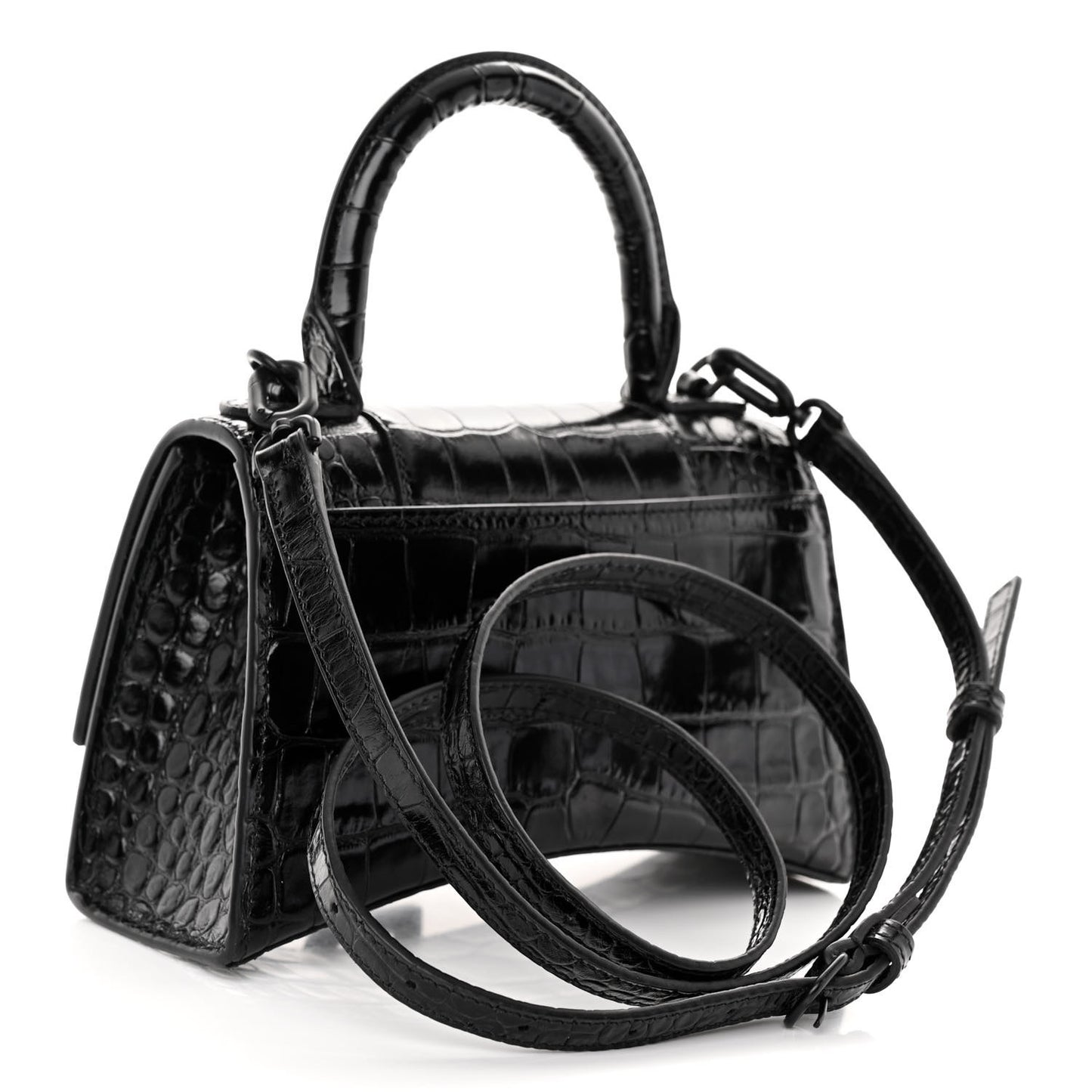 Shiny Calfskin Monochrome Crocodile Embossed Hourglass Top Handle Bag XS Black