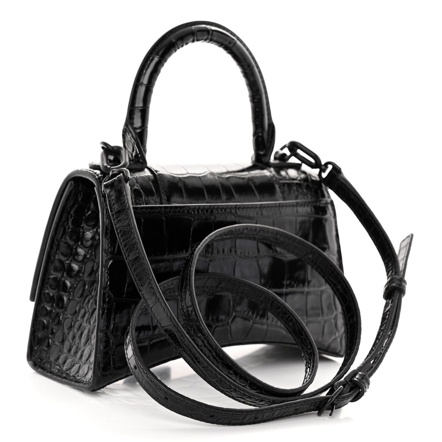 Balenciaga Shiny Calfskin Monochrome Crocodile Embossed Hourglass Top Handle Bag XS Black 3 of 10