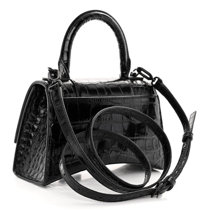 Balenciaga Shiny Calfskin Monochrome Crocodile Embossed Hourglass Top Handle Bag XS Black 3 of 10