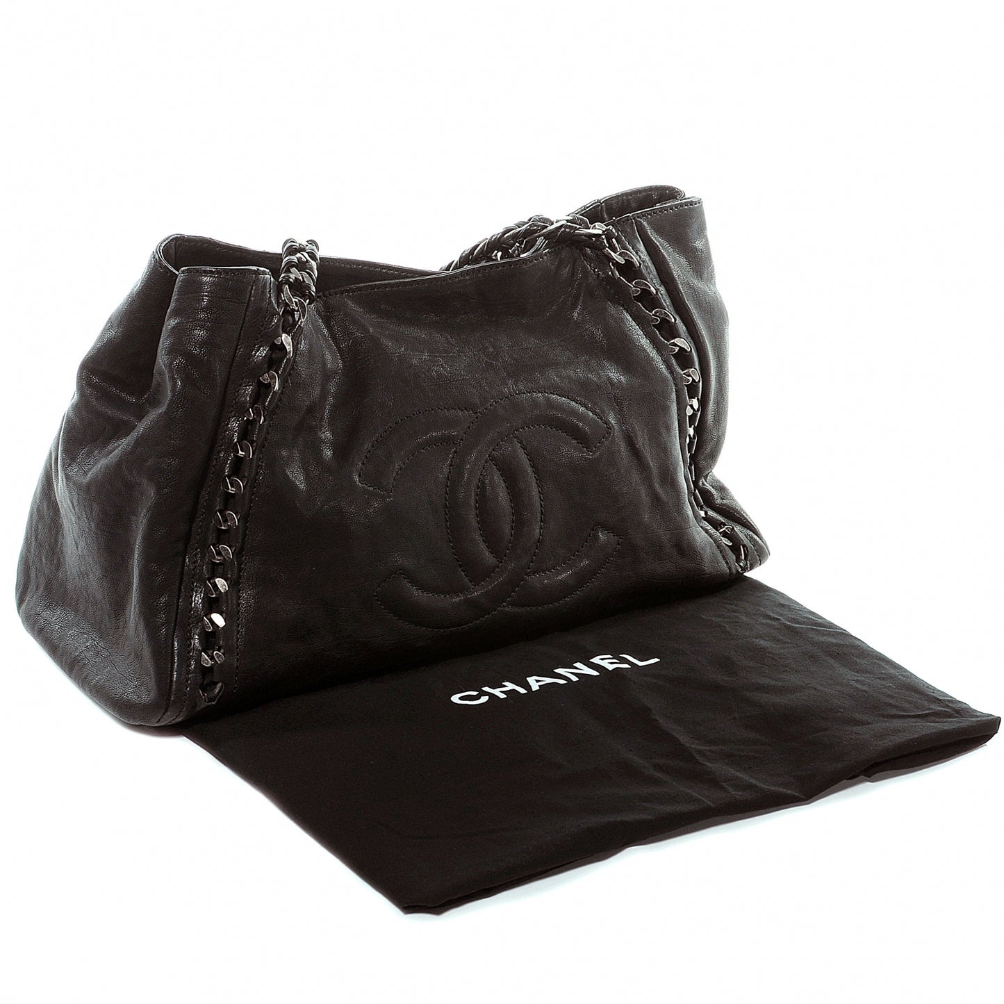 Leather Modern Chain Large Tote Black