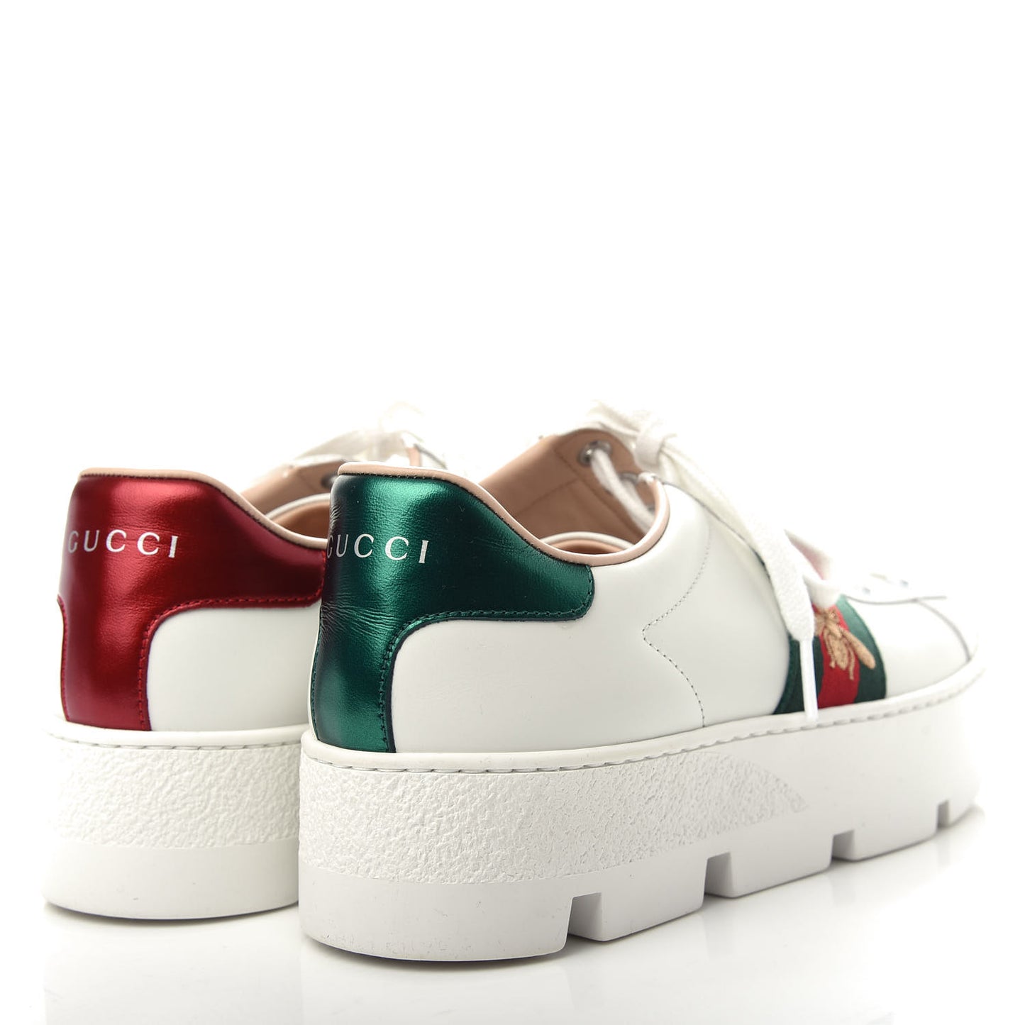 Calfskin Web Bee Embroidered Womens Ace Platform Sneakers 37 White