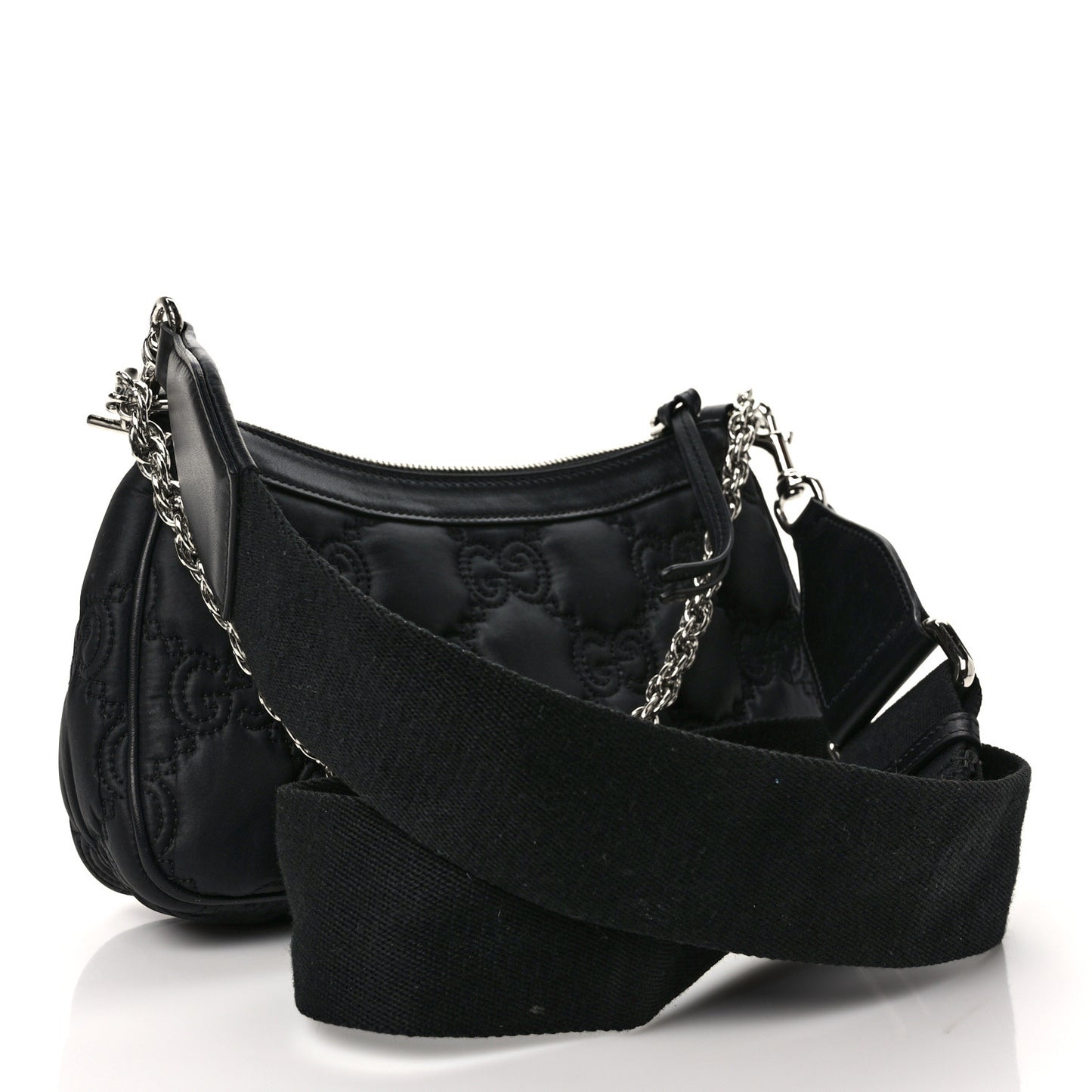 Nylon Calfskin Enamel GG Matelasse Chain Handbag Black