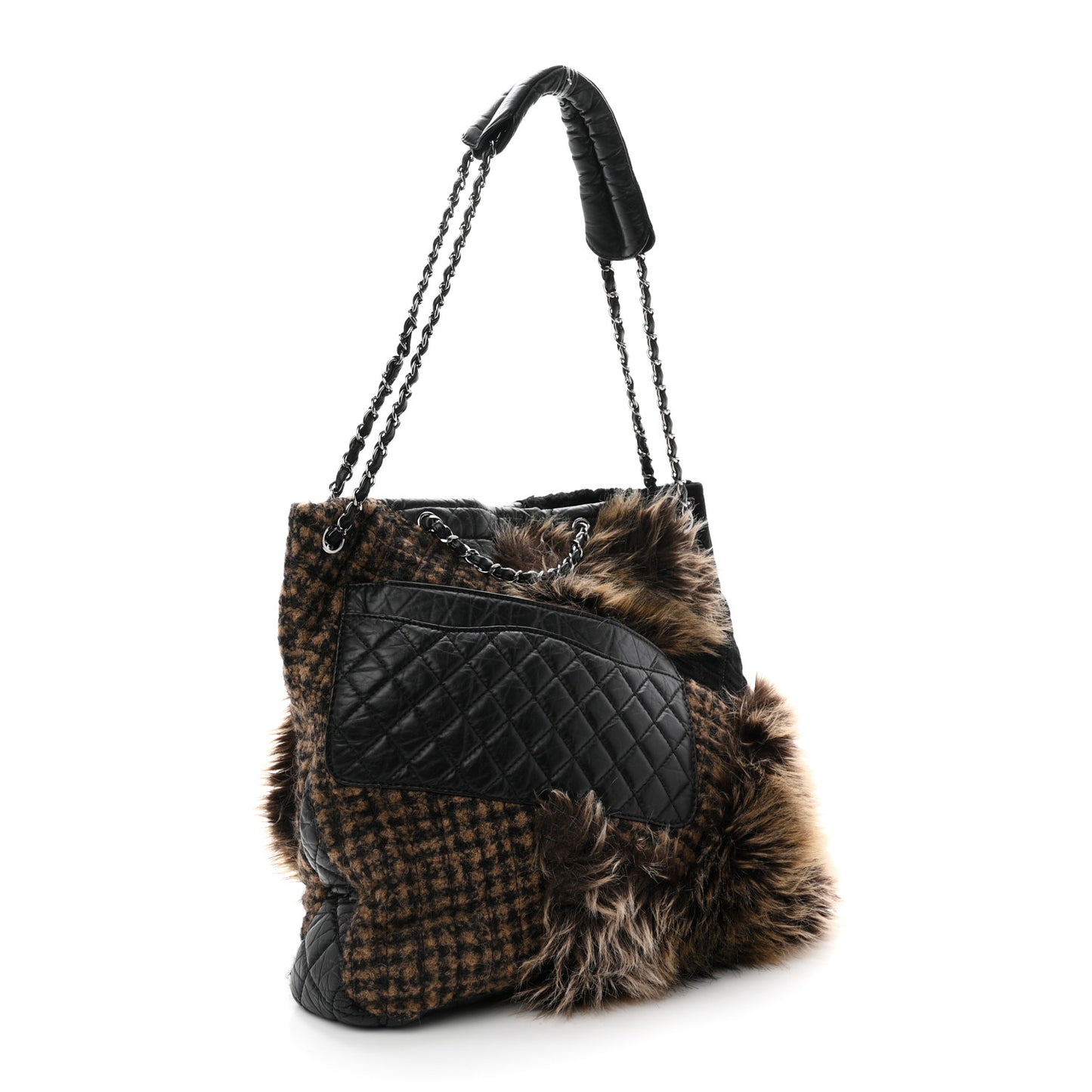 Tweed Lambskin Fantasy Fur Karl's Cabas Tote Black