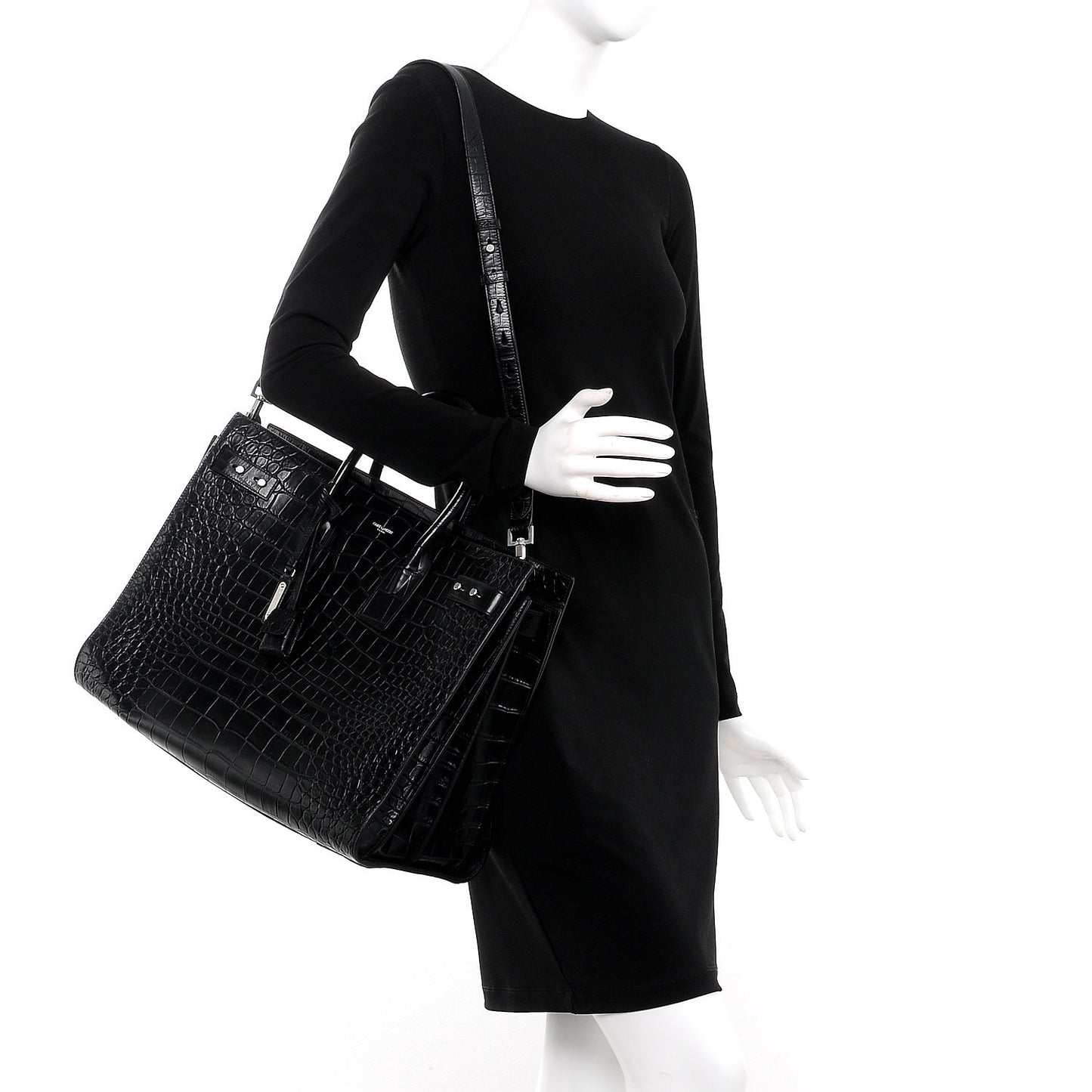 Calfskin Crocodile Embossed Large Souple Sac De Jour Black