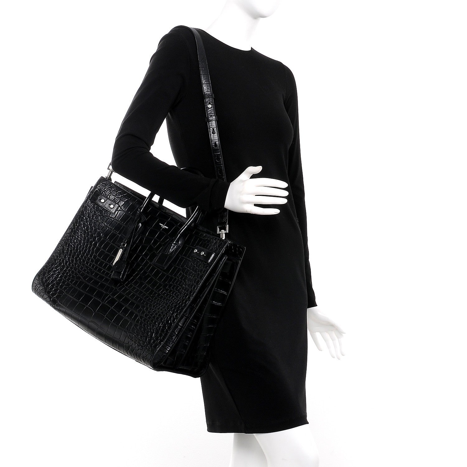 Saint Laurent Calfskin Crocodile Embossed Large Souple Sac De Jour Black 2 of 8
