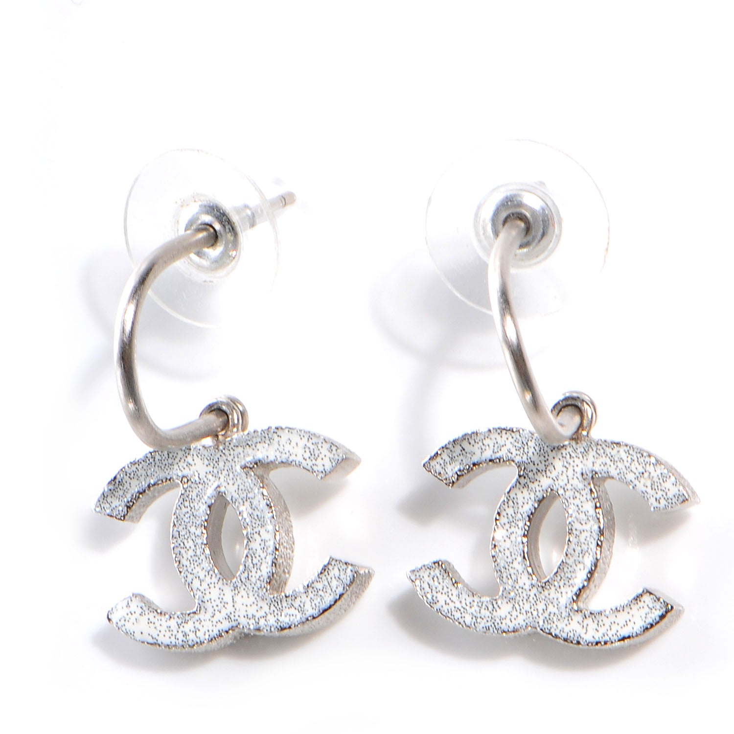 Chanel Glitter Enamel CC Loop Earrings Silver White 1 of 26