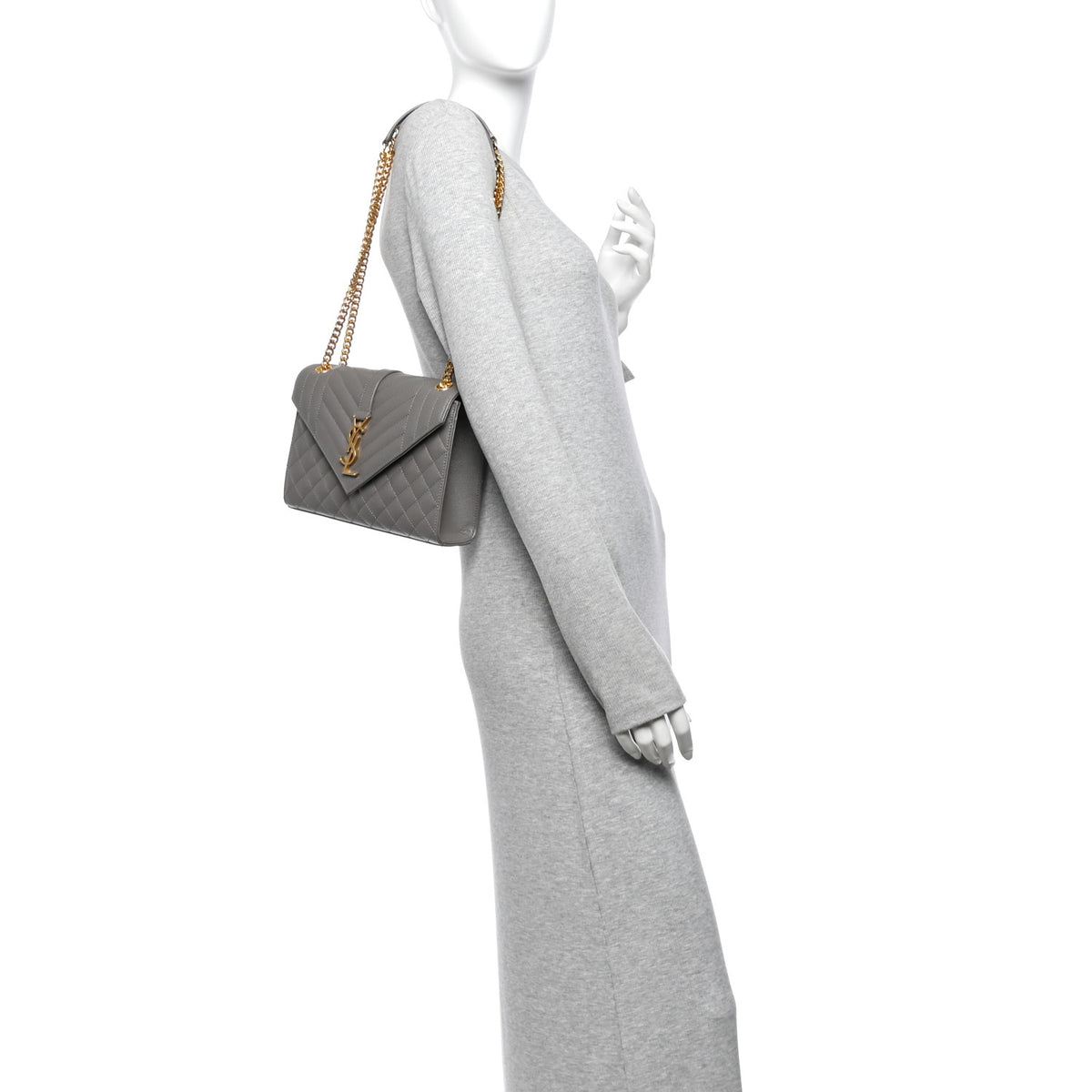 Grain De Poudre Textured Mixed Matelasse Medium Triquilt Monogram Satchel Fog