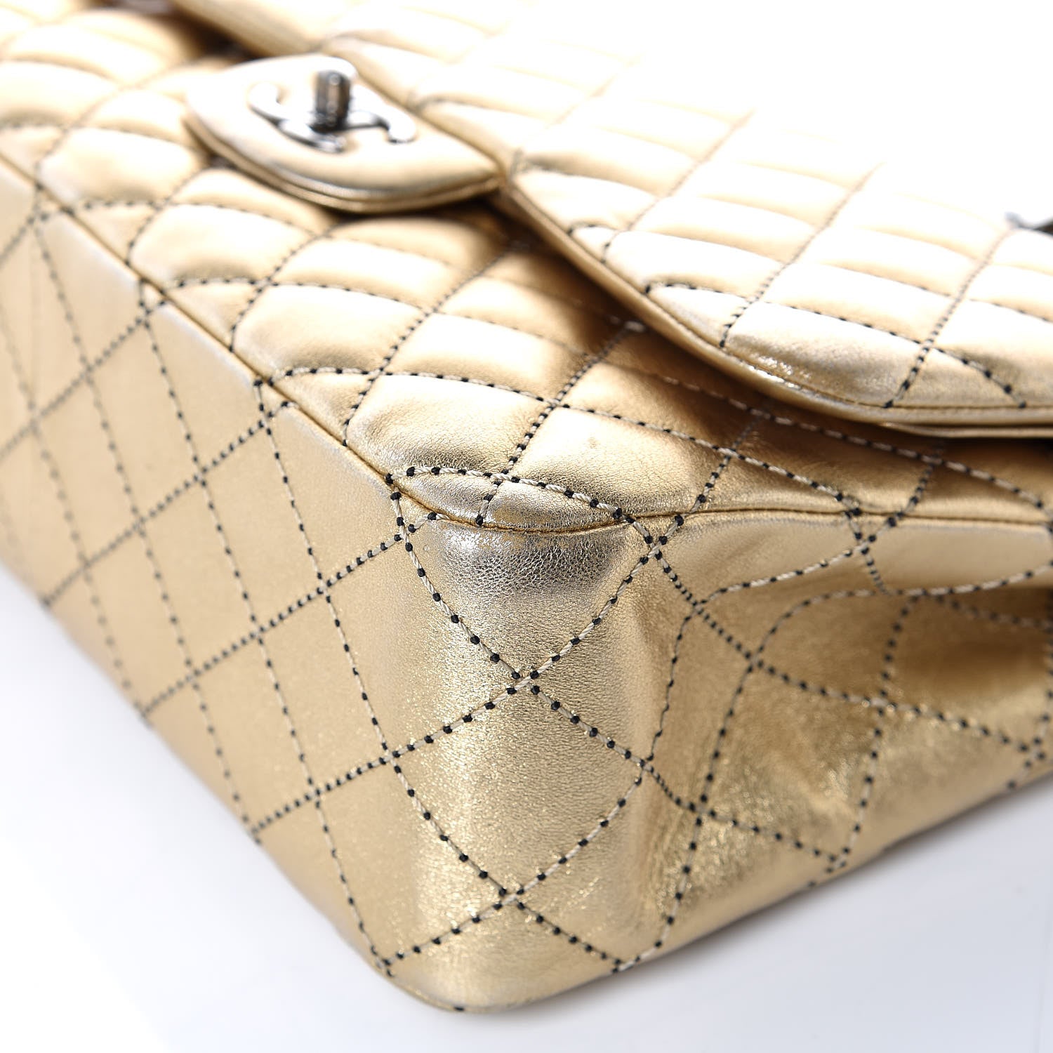 Chanel Metallic Washed Lambskin Quilted Jumbo Double Flap Dark Gold Black 10 of 12