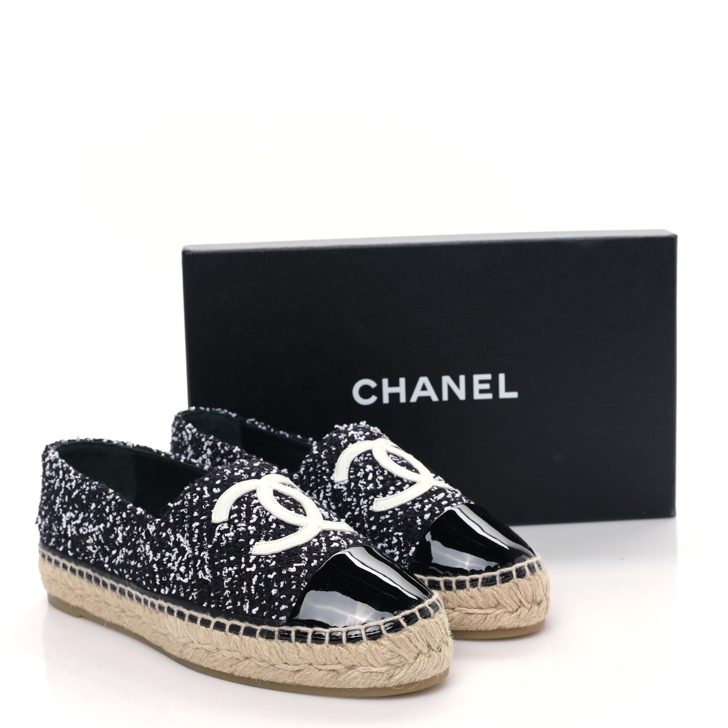 Tweed Lambskin Patent CC Espadrilles 39 Black White