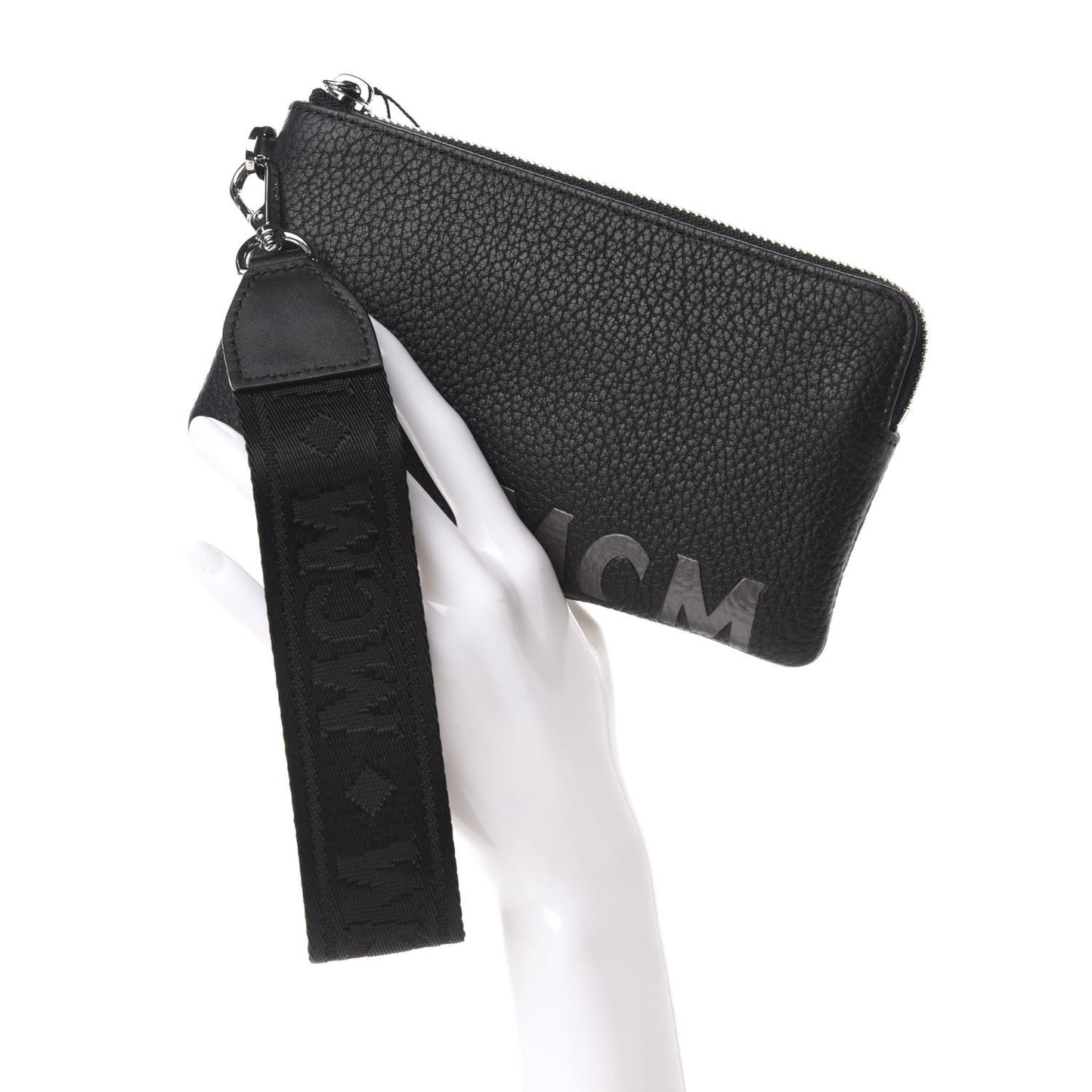 Calfskin Wristlet Logo Zip Pouch Black