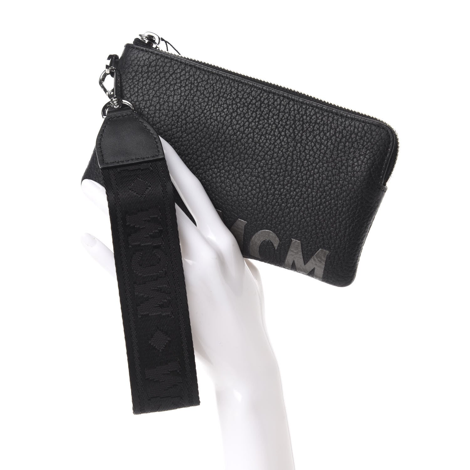 MCM Calfskin Wristlet Logo Zip Pouch Black 2 of 7