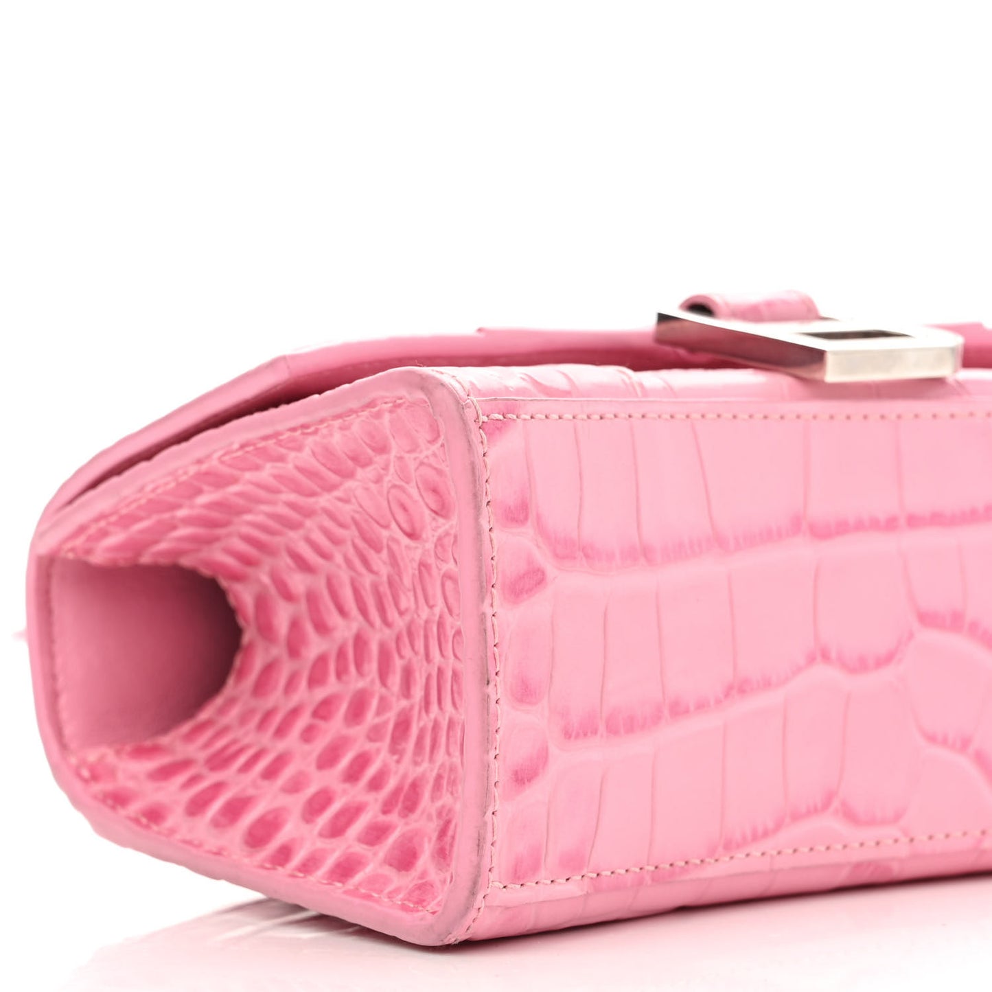 Shiny Calfskin Crocodile Embossed Hourglass Top Handle Bag XS Pink