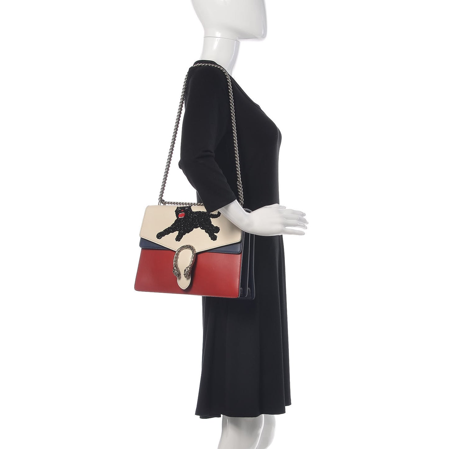 Calfskin Panther Embroidered Medium Dionysus Shoulder Bag White Blue Hibiscus Red