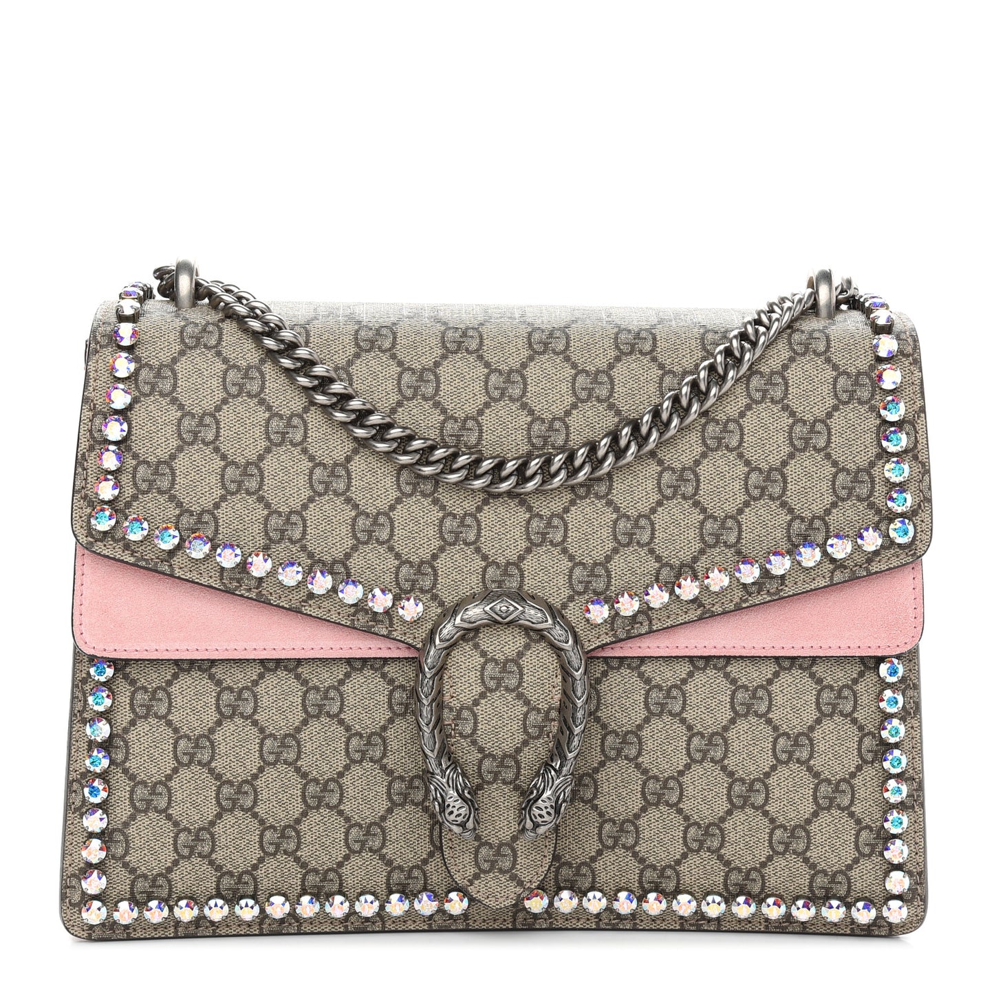 GG Supreme Monogram Suede Crystal Medium Dionysus Shoulder Bag Beige Ebony Light Peonia