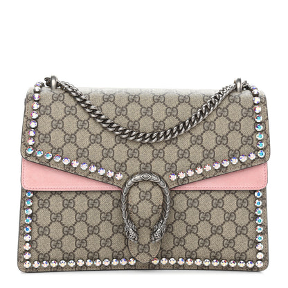 Gucci GG Supreme Monogram Suede Crystal Medium Dionysus Shoulder Bag Beige Ebony Light Peonia 1 of 12