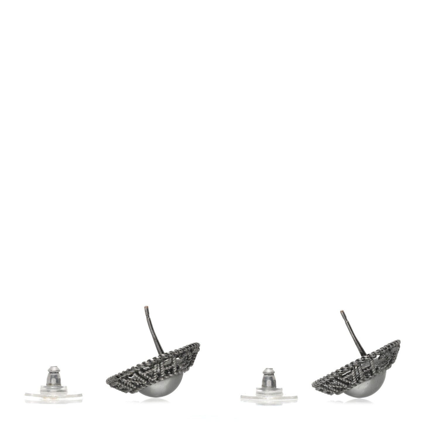 Ruthenium Pearl CC Round Rope Logo Earrings Dark Grey