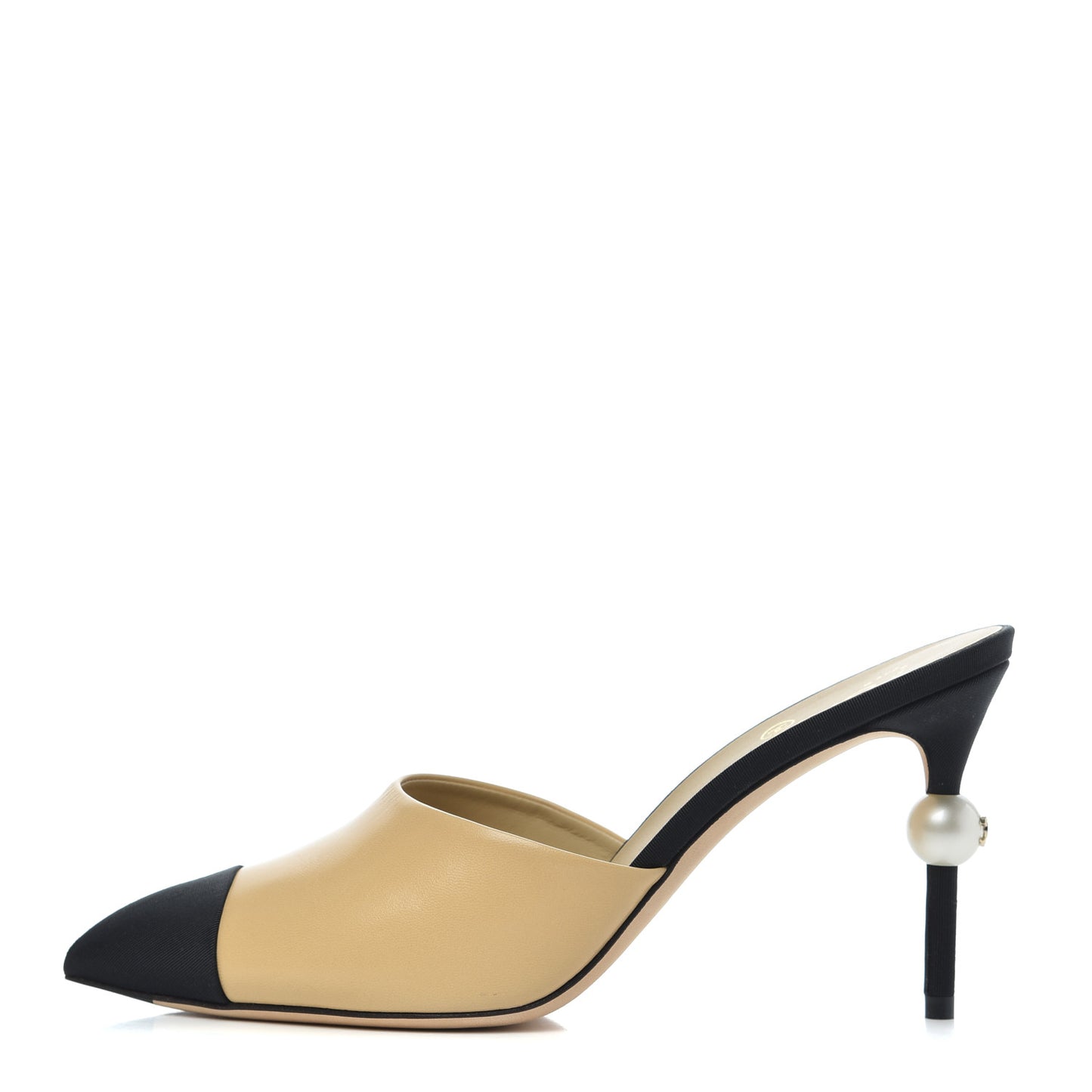 Goatskin Grosgrain Cap Toe Pearl Mule 39 Beige Black
