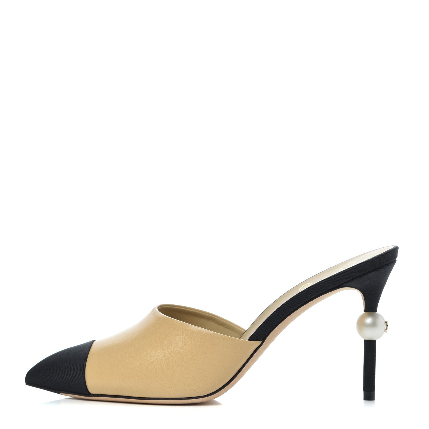 Chanel Goatskin Grosgrain Cap Toe Pearl Mule 39 Beige Black 1 of 16