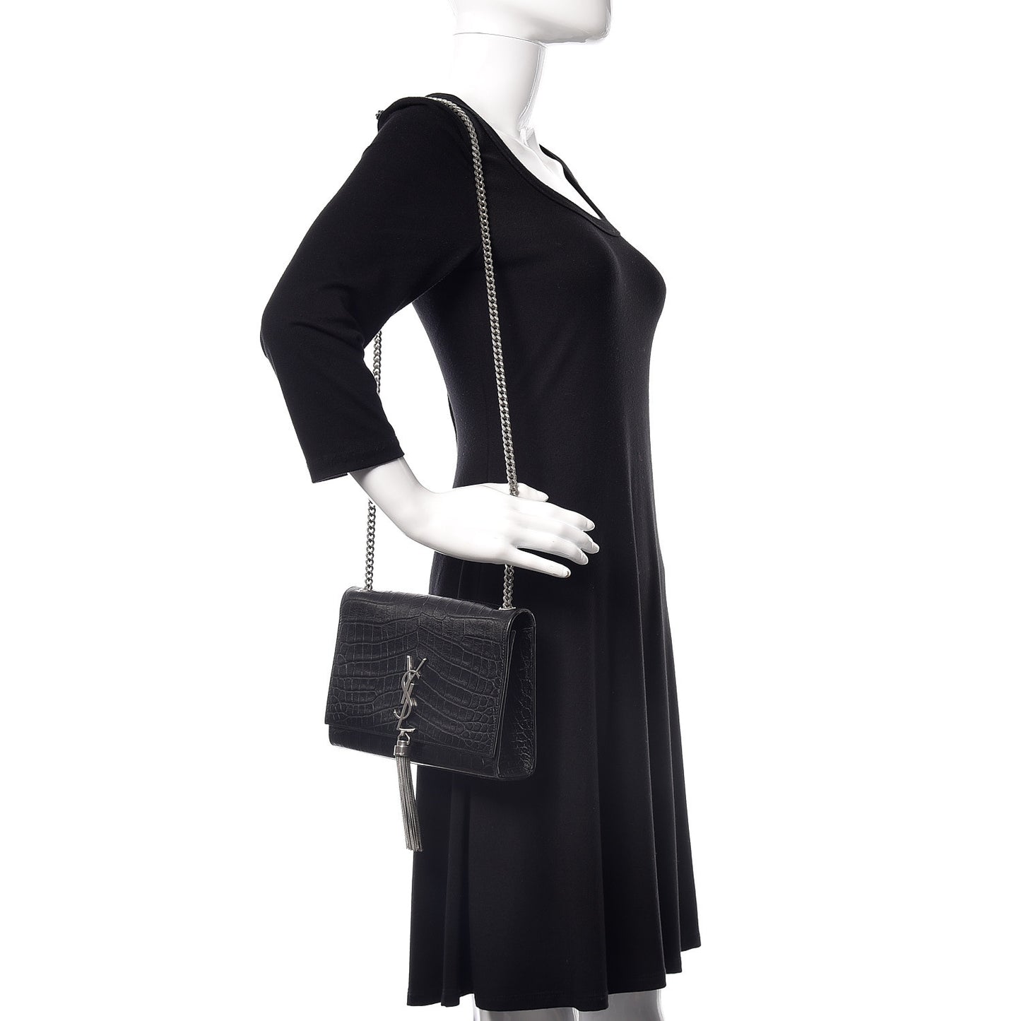 Calfskin Crocodile Embossed Medium Classic Monogram Kate Tassel Satchel Black