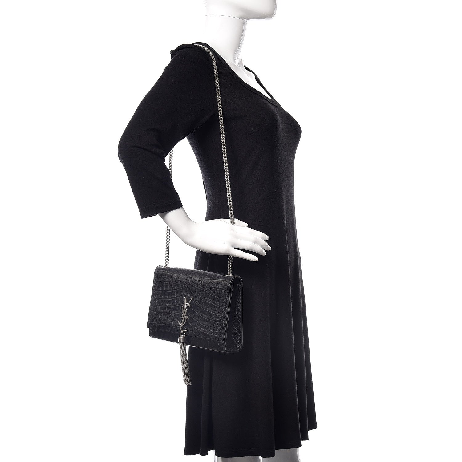 Saint Laurent Calfskin Crocodile Embossed Medium Classic Monogram Kate Tassel Satchel Black 2 of 11