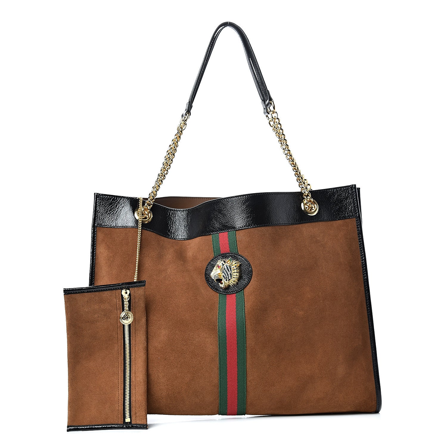 Gucci Suede Patent Large Rajah Chain Tote Nocciola Black 1 of 12