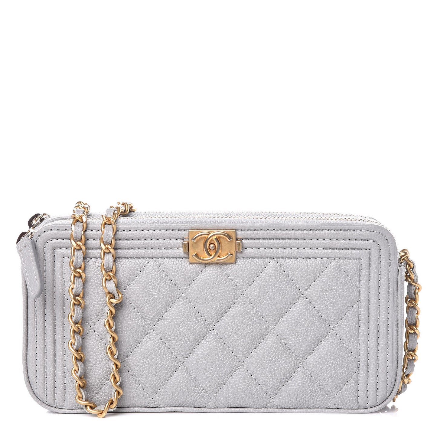 Caviar Quilted Small Boy Clutch With Chain Grey