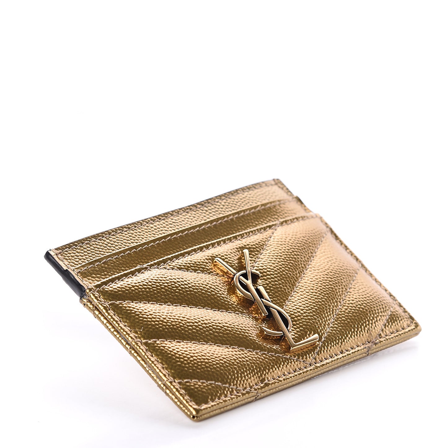 Metallic Grain De Poudre Matelasse Chevron Monogram Credit Card Case Gold