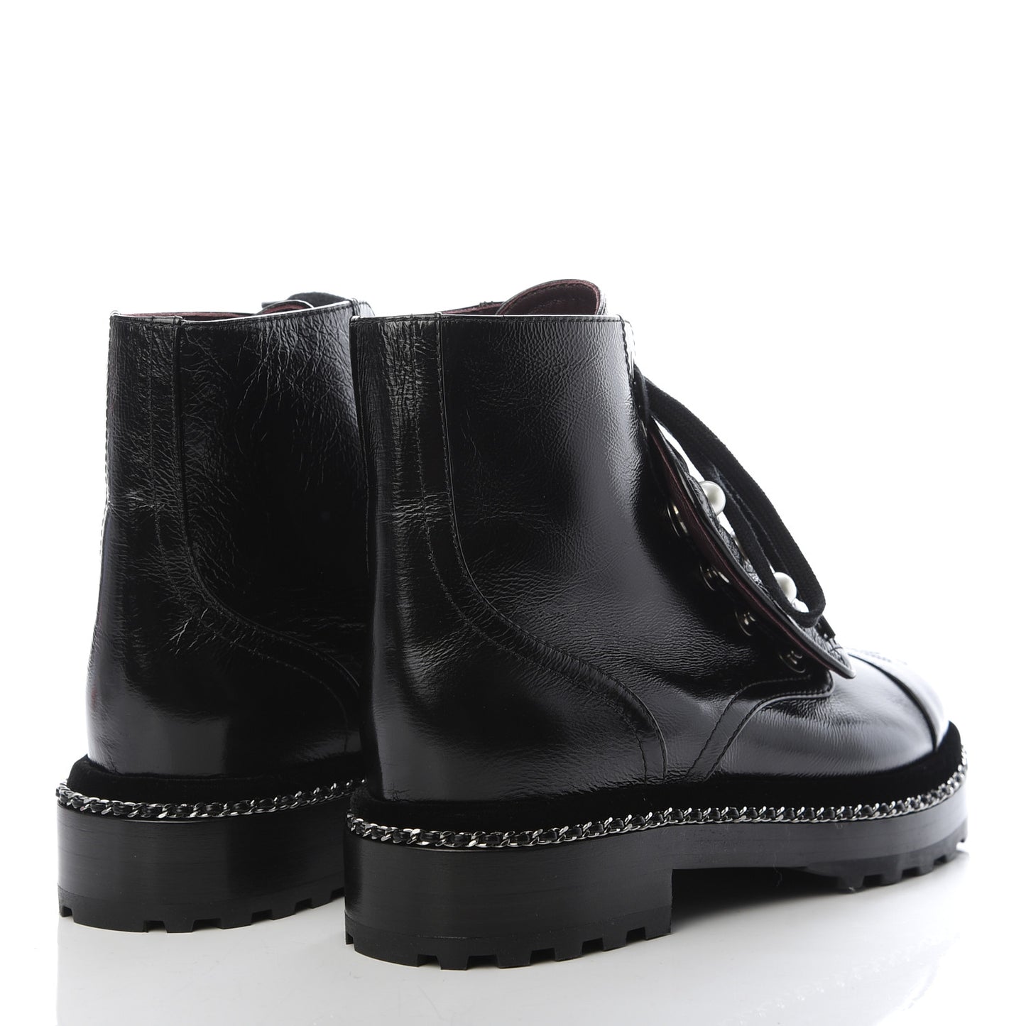 Crackled Calfskin Velvet Pearl Combat Short Boots 37 Black