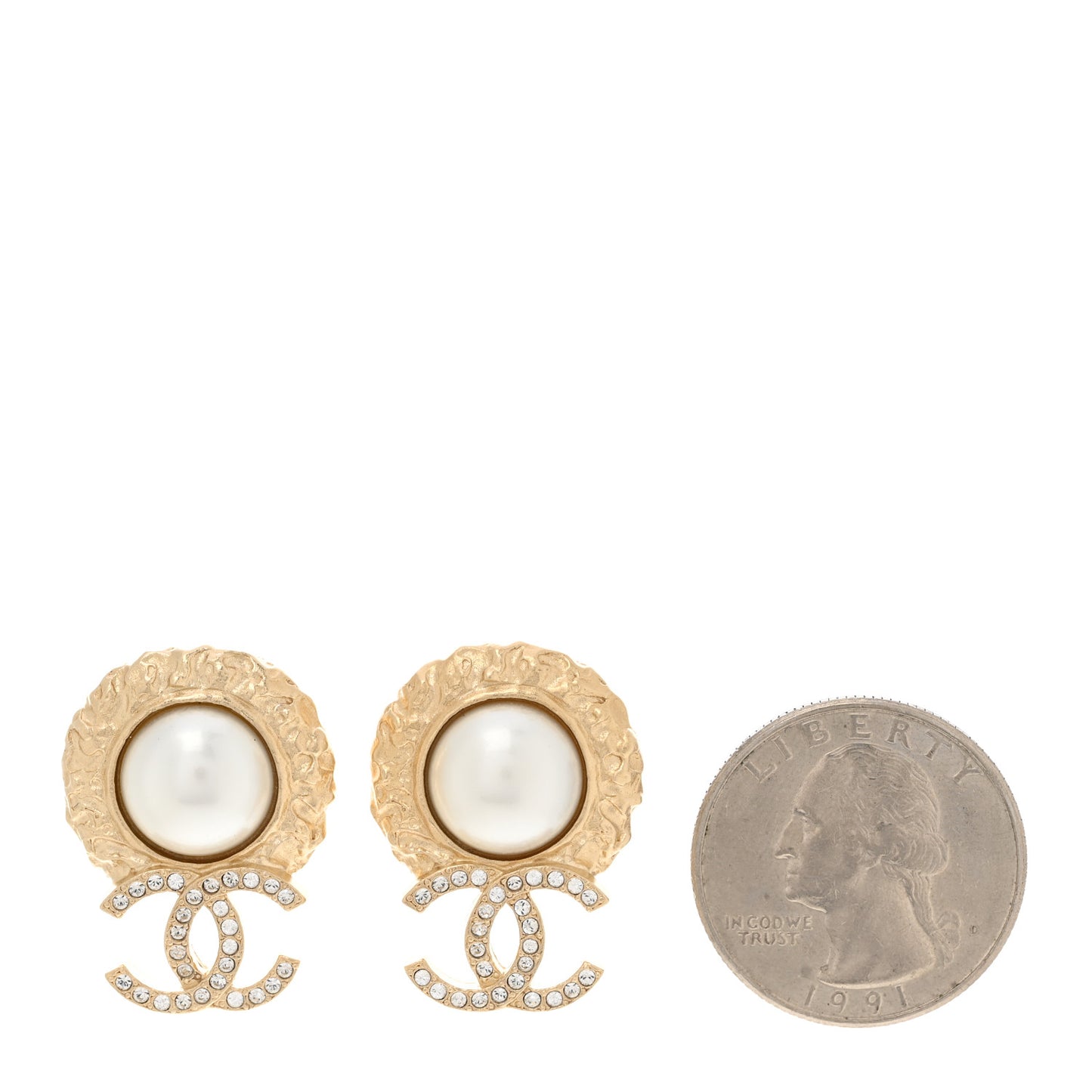 Crystal Pearl Textured CC Round Drop Earrings Gold