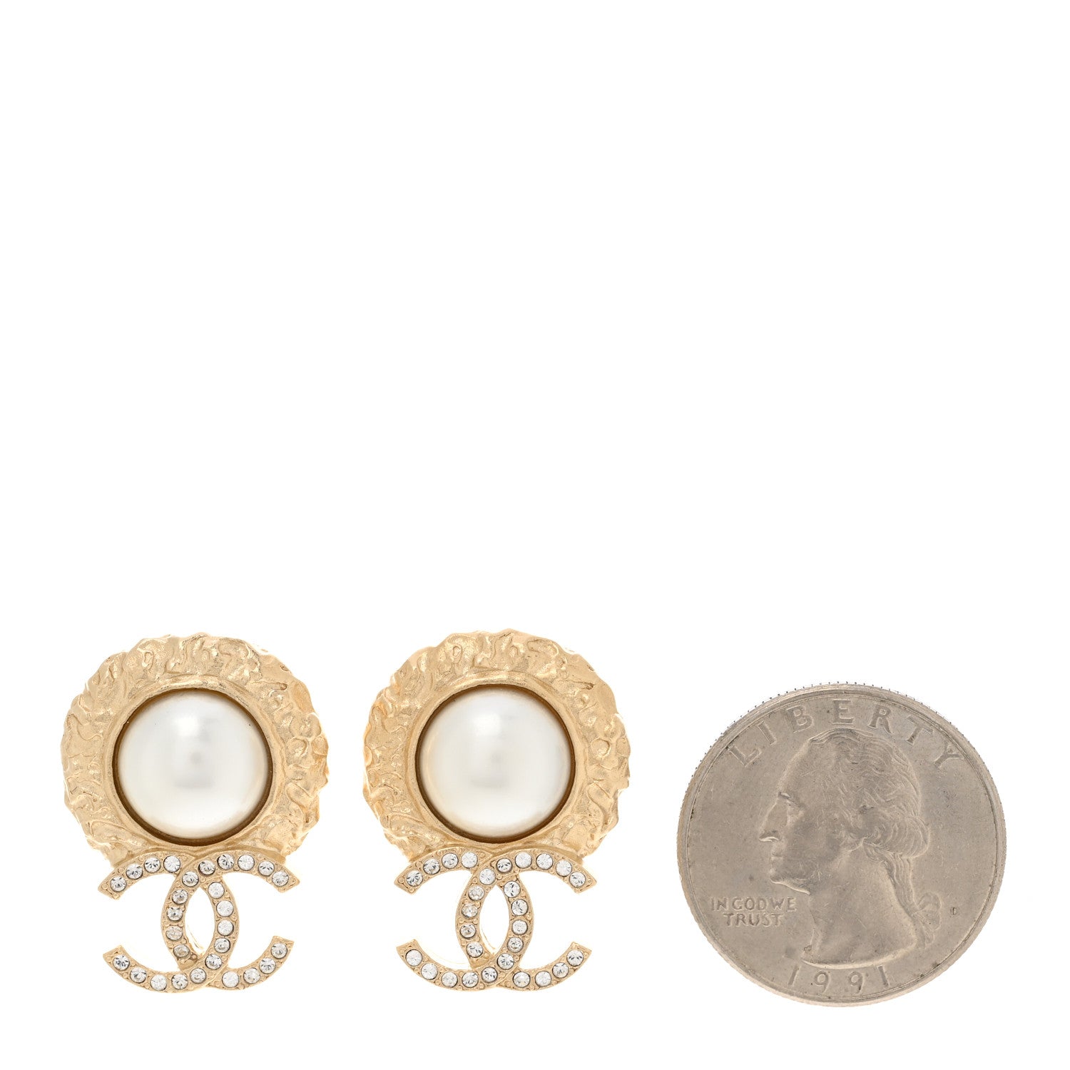 Chanel Crystal Pearl Textured CC Round Drop Earrings Gold 2 of 5