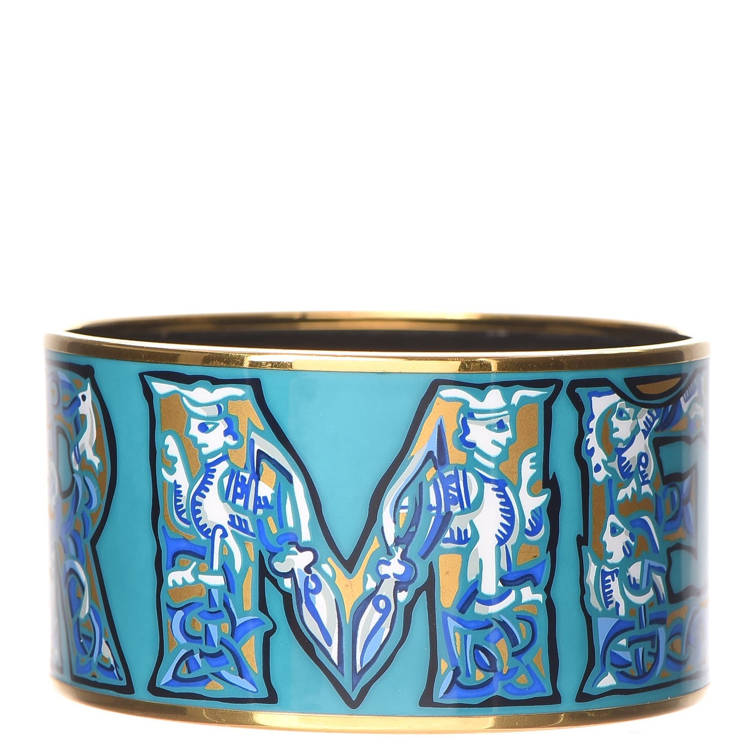 Hermes Enamel Printed Alphabet Russe Extra Wide Bracelet 70 Turquoise Bleu Kaki Jaune 3 of 5