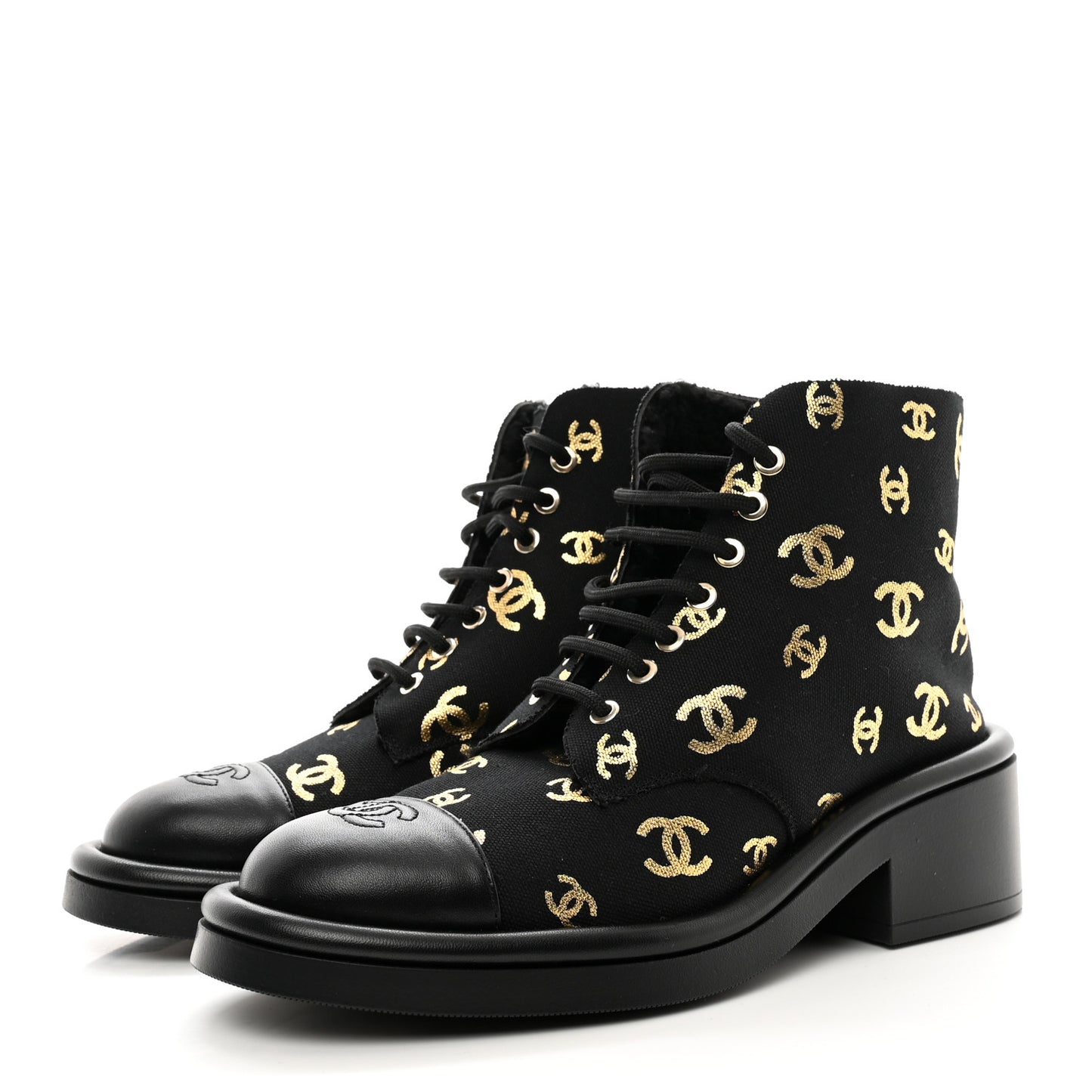Lambskin Shearling Canvas CC Lace Up Boots 40 Black Gold