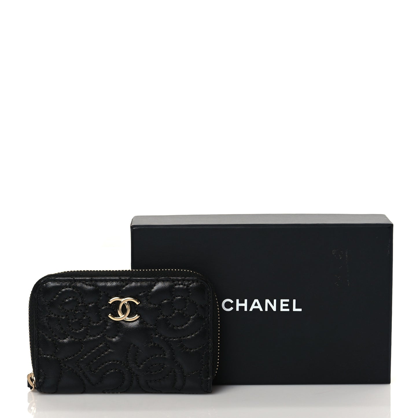 Lambskin Camellia Embossed Zip Coin Purse Black