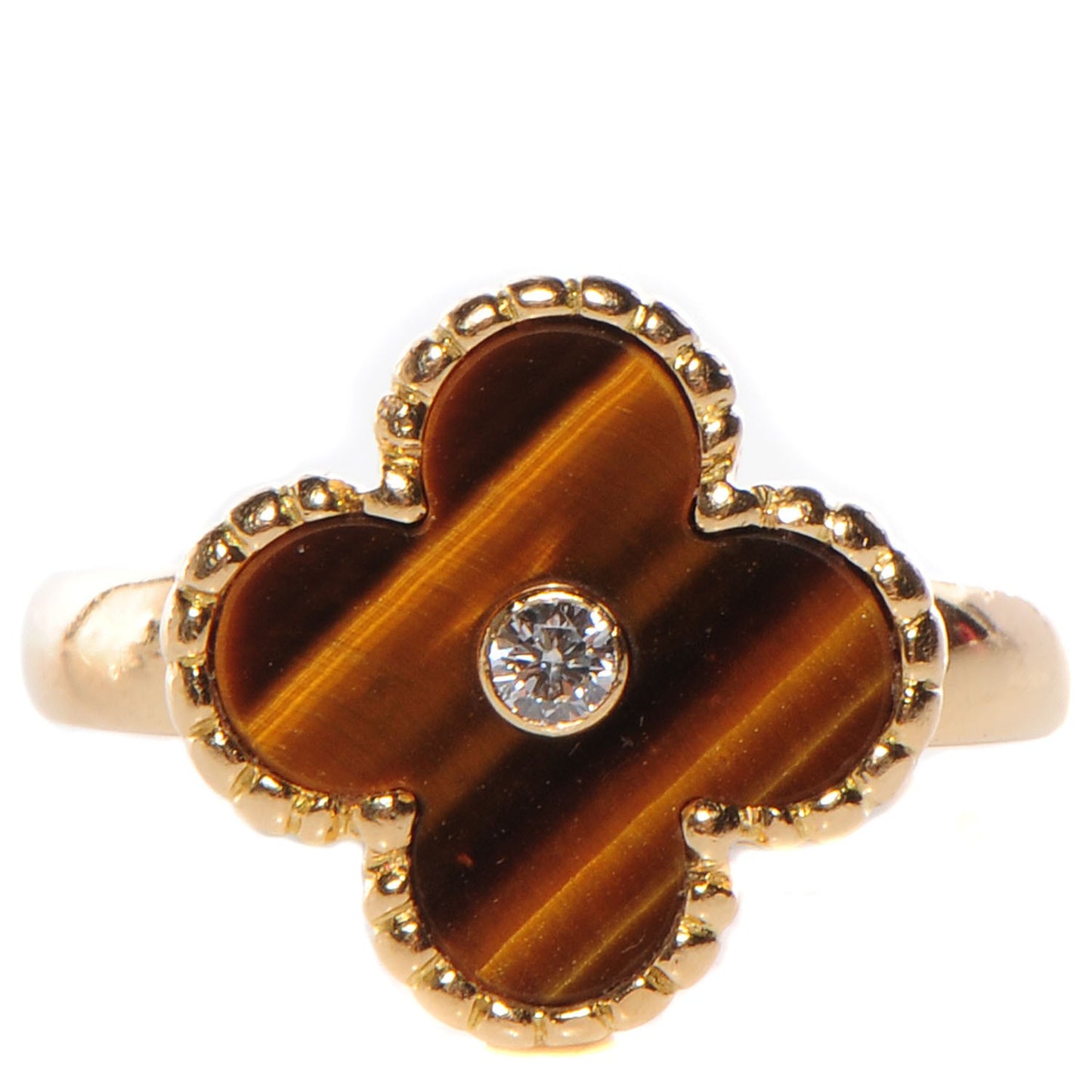 18K Yellow Gold Diamond Tiger's Eye Vintage Alhambra Ring 51 5.75