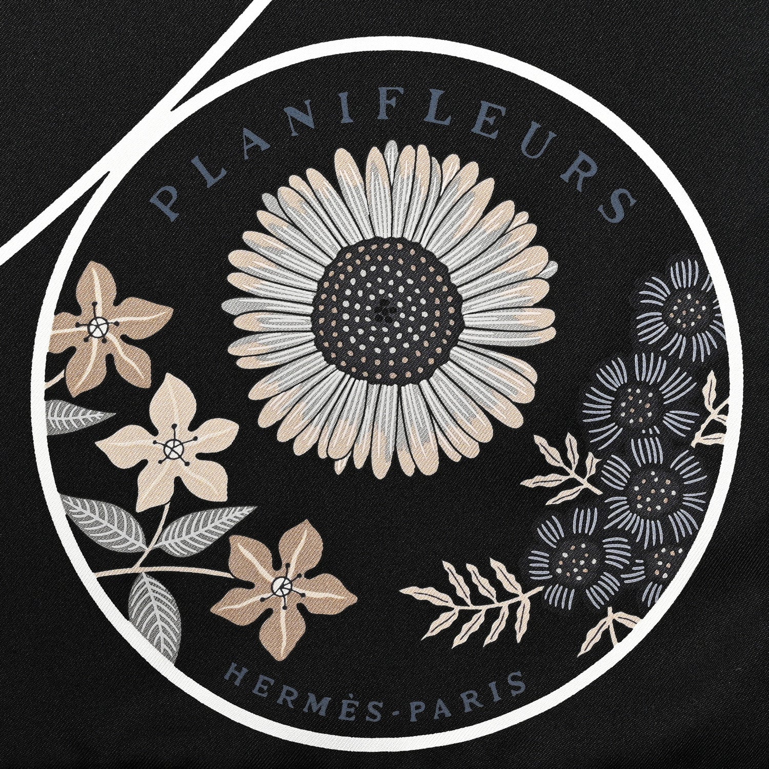 Hermes Silk Planifleurs Scarf 90 Black Gris Parchemin 2 of 4